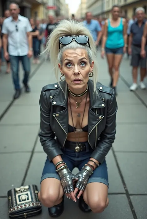 russian old milf woman, grey hair (ponytail) and oversize sunglasses as headband, with very light blue eyes, extremely pale. Wrinkles in neck and hands. Wearing cropped black moto jacket with lots of zippers and pins, black push up bra , dark skinny blue j...