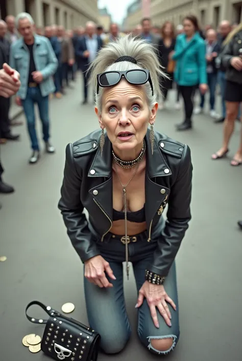 russian old milf woman, grey hair (ponytail) and oversize sunglasses as headband, with very light blue eyes, extremely pale. Wrinkles in neck and hands. Wearing cropped black moto jacket with lots of zippers and pins, black push up bra , dark skinny blue j...