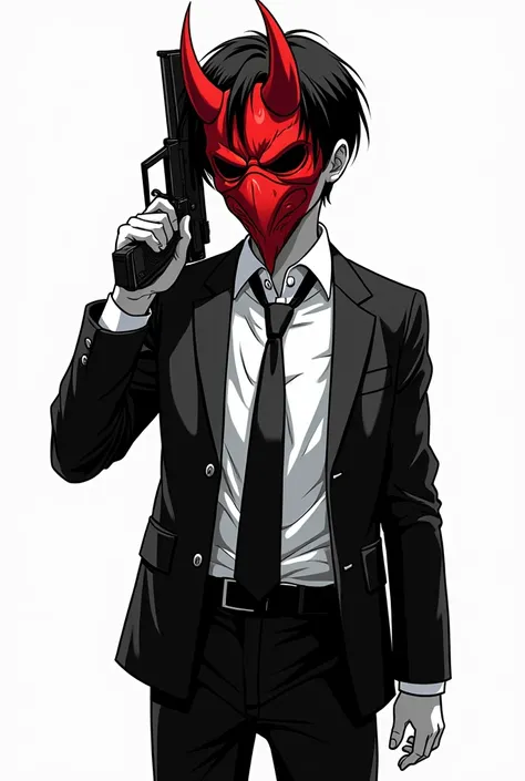 Draw a young boy with black hair who is wearing a white shirt and black dress pants and a black jacket and tie., He carries a gun in one of his hands and wears a red devil mask on his face., Make the drawing in the style of a black and white manga.
