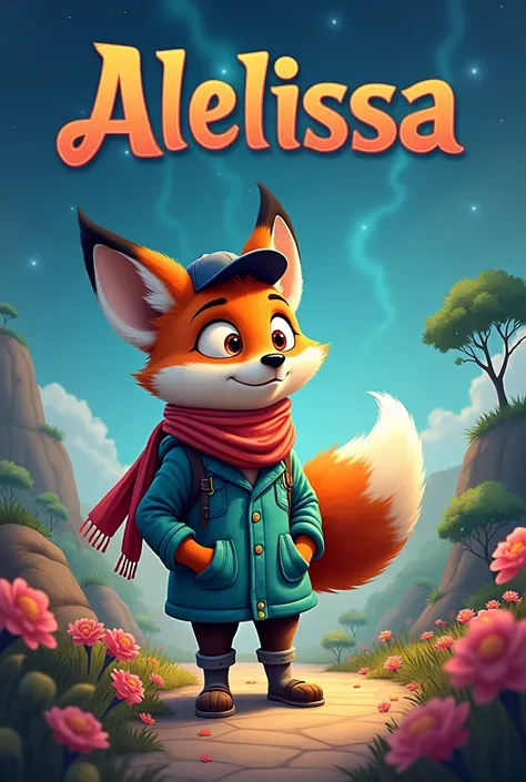 Create a book cover and animate it with Aleissa&#39;s name written as the title, adding an animated animal with clothes but not fictional and colorful.