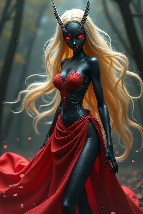 a Pokemon with long blonde hair red dress dark steel skin red eyes