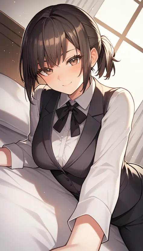 score_9, score_8_up, score_7_up, source_anime, best quality, amazing quality, very aesthetic, 1girl, brown eyes, room, wariza, short black hair, ponytail. Tousled Bob cut, portrait, blazer, starshadowmagician, solo, Adult woman, best perfect anatomy, thin,...