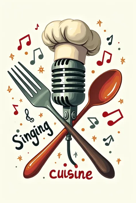 microphone with chef hat, um garfo, a spoon and a knife crossed diagonally, written around " Singing Cuisine", with music signals around the microphone 