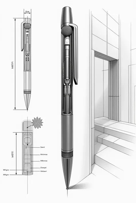 Pen  designed with voice recorder with techincal pen assembly sketch