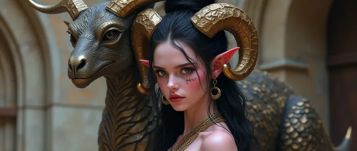 ((NSFW)), ((Mediovale)), Tiefling Drake Warden, pinkish skin, ram horns,  ((full body)), completely white eyes, scar on the lips on the right side, Bblack hair, hair tied in a bun, scraping both sides, a braid on each side of the bangs. Bronze Drake compan...