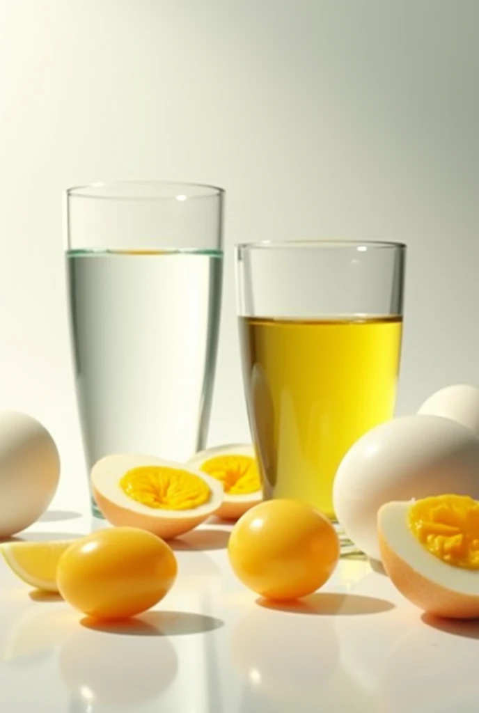 glasses of water, oil and egg yolk