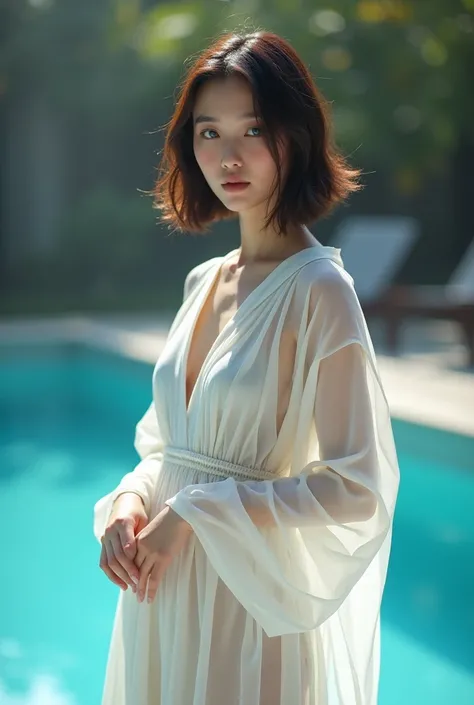 Photo of china beauttifull 25 age woman in a transparent white roman toga for women, standing alone, blue colored eyes, reverse bob haircut, breasts big, front camera, In the pool, humida, fot, photoshoot, Captured by Panavision Panaflex Platinum camera wi...