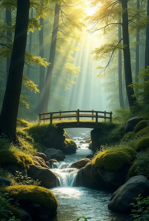 A serene, misty forest at dawn with a crystal-clear stream winding through ancient moss-covered rocks. The water cascades gently, creating delicate ripples and soft splashes that you can almost hear. Rays of early morning sunlight filter through the dense ...