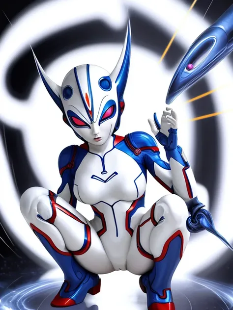 A female alien with a silver body and red and blue lines.、Large milky white eyes、Female Ultraman、Crouching with legs wide open