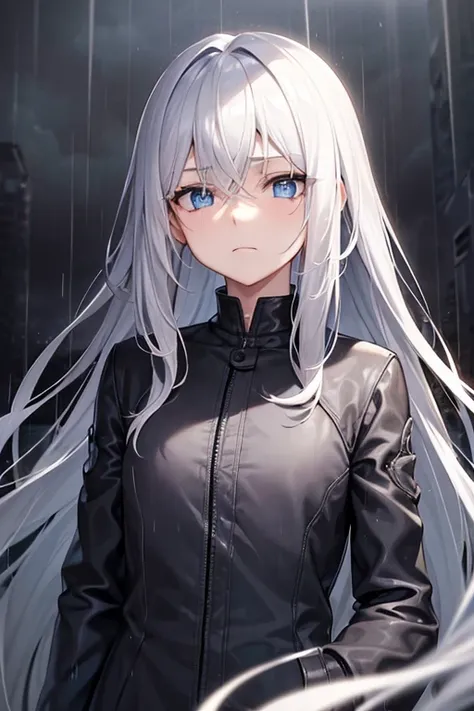 One person, High resolution, Anatomically correct, Textured skin, Long Hair,Silver Hair, blue eyes, gloomy,unrest,Sad face, in the rain,Character profile, 