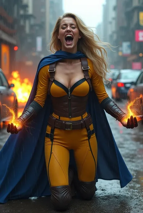 A beautiful female Scarlet Witch long blonde hair wearing a burnt yellow jumpsuit blue cape black boots and gloves long boots up to her knees gym belt in a rainy apocalyptic city cars and buildings on fire magic in her hands black corset over her jumpsuit ...