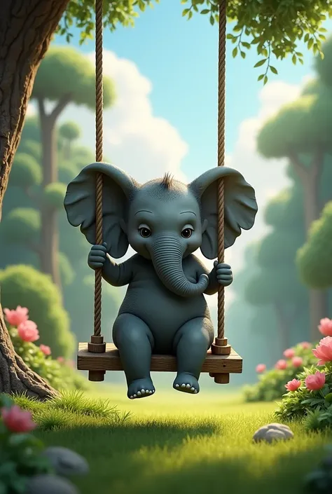 The elephant is sitting in the swing.