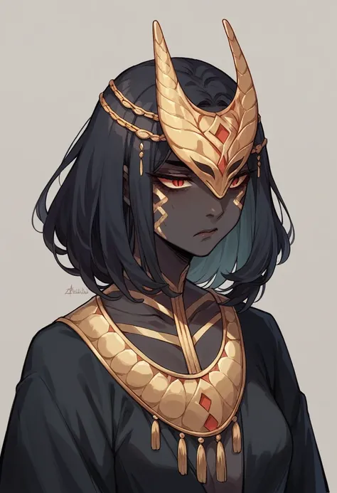 Snake woman with red and black skin patterns wearing a black robe with gold detailing wearing a ceremonial mask with a sad expression