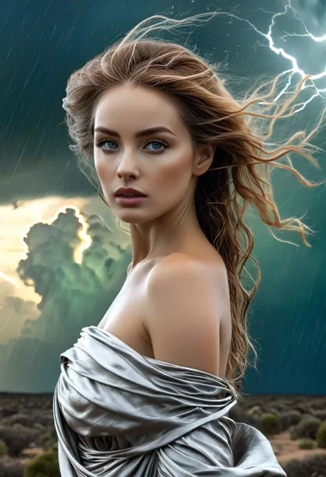 high quality, 8K Ultra HD, Surreal portrait of a stunning woman.
(masterpiece, best quality:1.2), 1 Girl, Solitary，Female walker，Whateley，storm，Earth