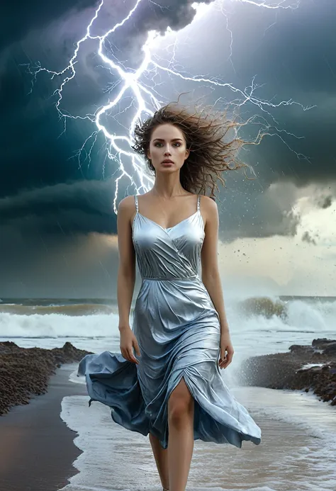 high quality, 8K Ultra HD, Surreal portrait of a stunning woman.
(masterpiece, best quality:1.2), 1 Girl, Solitary，Female walker，Whateley，storm，Earth