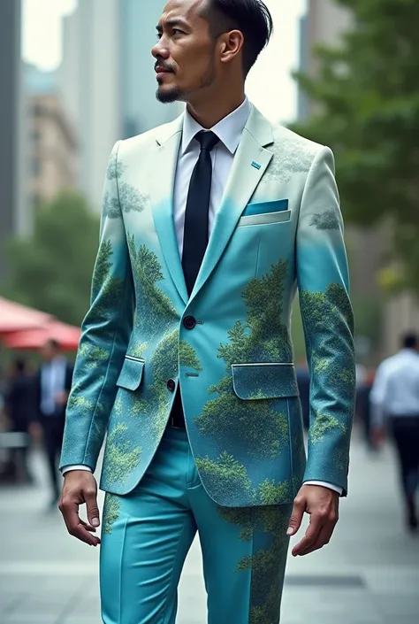 A white and blue men&#39;s suit with green details, symbolizing the different climatic elements. The suit has dynamic effects that change with the weather around it.