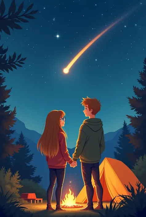 a couple the woman with long honey colored hair wearing glasses and the man with light hair holding hands wearing hoodies camping watching a shooting star at night animated