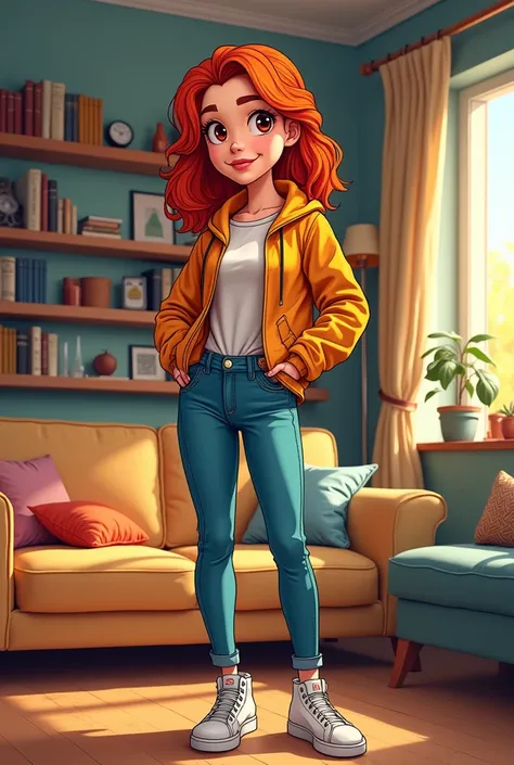 Redhead comic girl with brown eyes standing in a living room