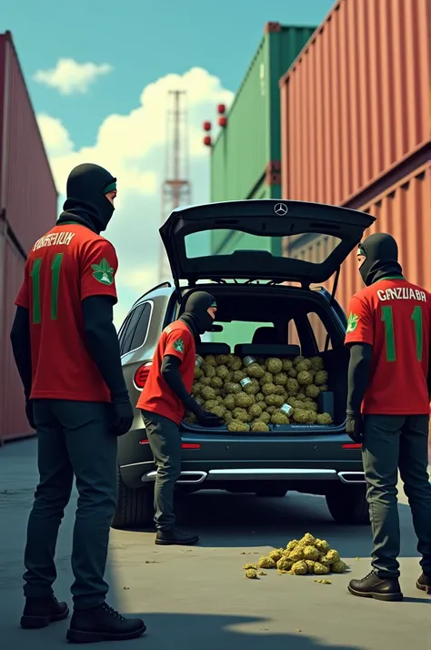 An animated image where a container full of packaged weed is being unloaded in a container port by several people and all people are wearing a Moroccan jersey and are fully masked and the weed is being loaded into the trunk of a Mercedes SUV and at the top...