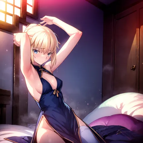 High resolution, 最high resolution,high resolution,{Things to know_f de stay night ufotable:1.15}, Rubio_ Best Quality, masterpiece, フルnude,Sweatだく,Blushing,smile,Armpitアップ,Sweat,Armpitを広げて見せている,bed,Moist,Blonde,whole body,pubic hairあり,Love juice,Armpit,sid...