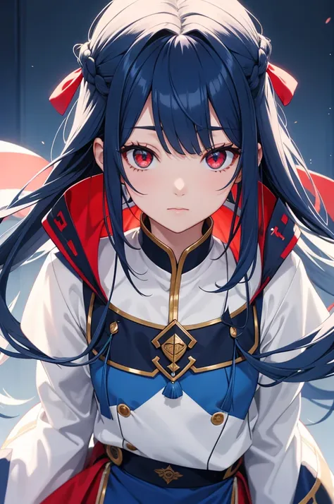 Blue colored long hair、Center parted bangs、Red eyes