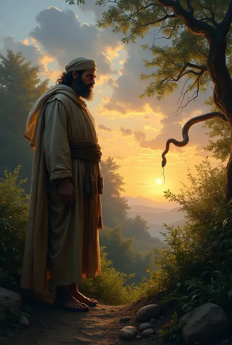 Oil painting, Dramatic lighting, Realism. (Best quality, high resolution, Ultra-detailed), (Realistic:1.37), professional, Vivid colors, The wise man stands silently in the garden at dusk, his eyes wide with realization as he spots the snake biting the roo...