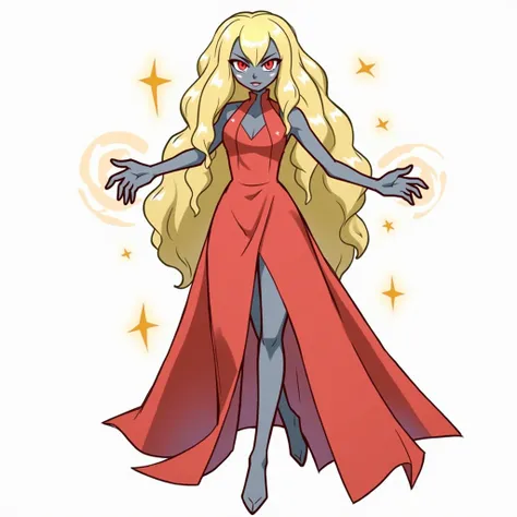 Pokemon long blonde hair red dress dark steel skin red eyes