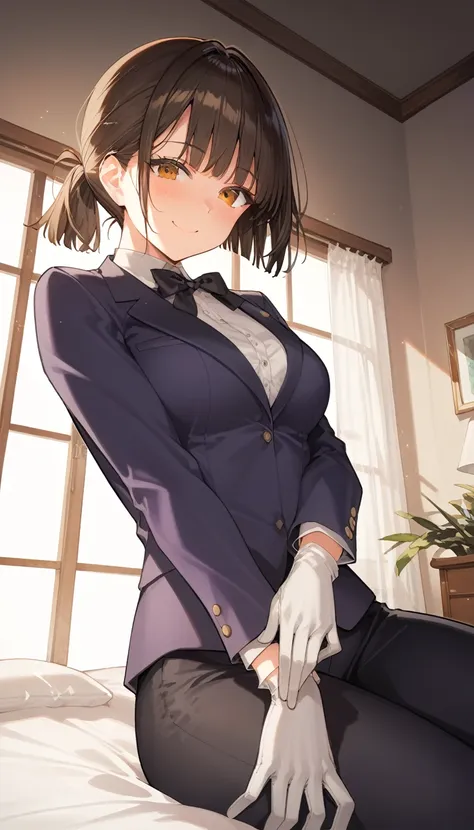 score_9, score_8_up, score_7_up, source_anime, best quality, amazing quality, very aesthetic, 1girl, brown eyes, room, wariza, short black hair, ponytail. Tousled Bob cut, portrait, blazer, starshadowmagician, solo, Adult woman, best perfect anatomy, thin,...