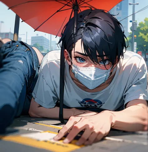 (photorealism:1.2),A boy is lying on the street with an umbrella, his face is covered with a mask, his face is covered with a T-shirt, his legs are jeans and it is raining all around he is sad