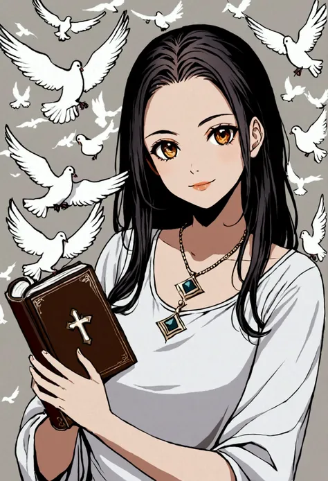 Put more white doves, clouds, the brown eyes and the eye-shaped pendant around her neck, and increase the size of the bible and remove those symbols in the photo.