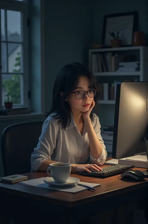 Dark haired woman with glasses, sitting at a desk with a computer and a cup of coffee