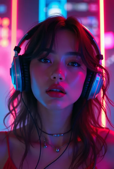 a mixtape cover, a person with headphones, retro 80s style, neon colors, vibrant and energetic composition, glitch art, synthwave aesthetics, detailed face and expression, cinematic lighting, (best quality,4k,8k,highres,masterpiece:1.2),ultra-detailed,(rea...