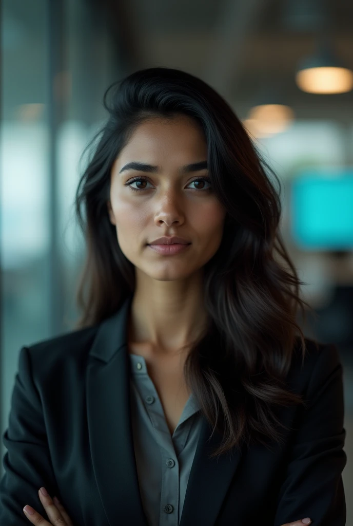 a young south asian woman in her early 20s, calm thoughtful expression, professional attire, standing in modern office setting with tech background, detailed face and eyes, high quality, 8k, photorealistic, dramatic lighting, cinematic composition, muted c...