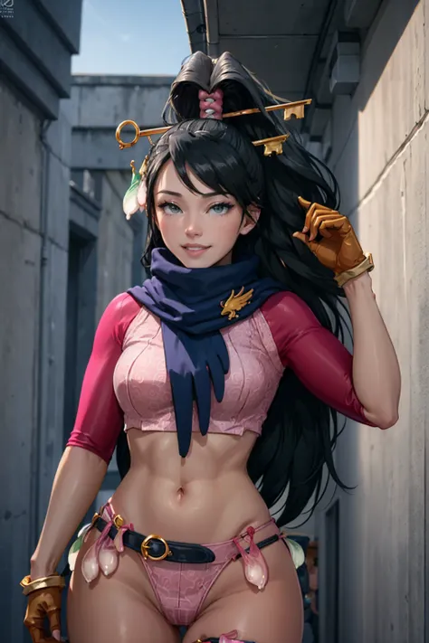 8k, ray tracing, vibrant colors, (1girl), (solo:1.4), (Kay Faraday:1.4), ponytail, hair ornament, black hair, green eyes, shirt, gloves, pleated skirt, belt, scarf, masterpiece, sharp focus, Best Quality, depth of field, cinematic lighting, very detailed c...