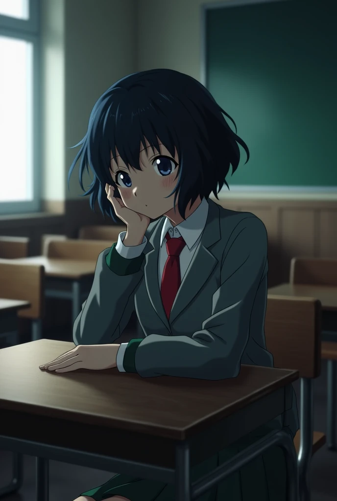 screenshot of boku no hero academia of a teenager, dark, wavy and short hair, shy expression, wears the uniform, a gray blazer, red tie and green skirt, is sitting leaning her head on her arm, background of a classroom.