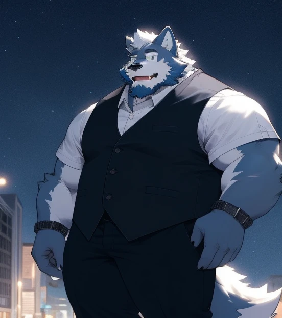 hairy，（Wolf，Vest，90 tall，white socks），beard，white fur，male，Common，full body picture， city town，firm eyes，detailed background，Extremely lifelike shadow，masterpiece，Very detailed，lifelike,detailed eyes,blue shoes,night background, star in the sky