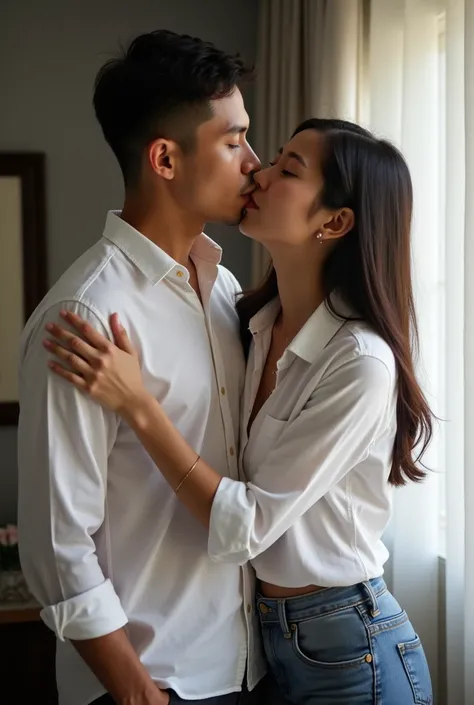 21 year old Indonesian girl in white shirt with open buttons and jeans shorts sucking 33 year old guy&#39;s cock in the room. 