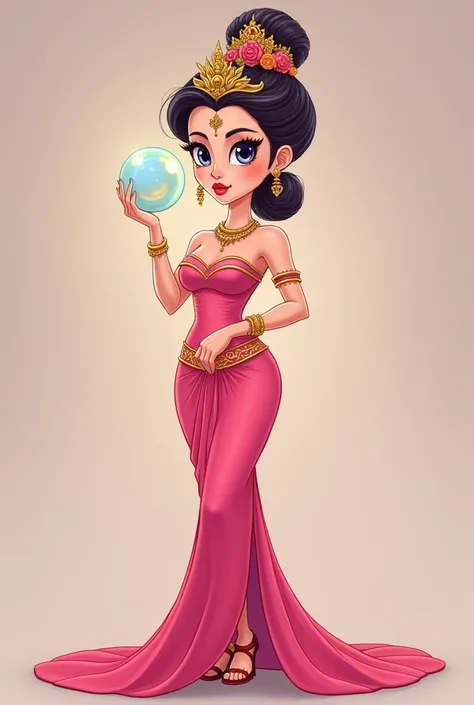 A woman in a pink Thai tube top dress, wearing a chada, holding a glowing crystal ball, with a serious expression, standing in full view, standing like a beauty queen, cartoon.