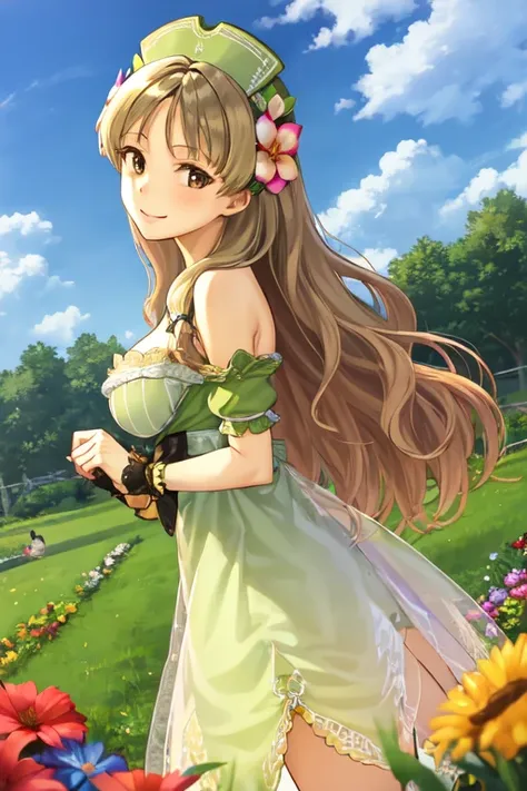 1 girl, (smile),  (long hair),huge breasts:1.2,looking at viewer, hair flower, garden, (pasture,medium breasts,sky background,