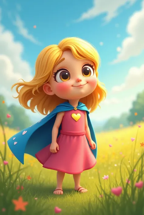 Create me an image of a story for 3 year olds that shows adults arguing in the field and a 12 year old blonde superhero girl with a pink dress and a small golden heart on her chest enters, with a blue cape with little white hearts and they apologize.

