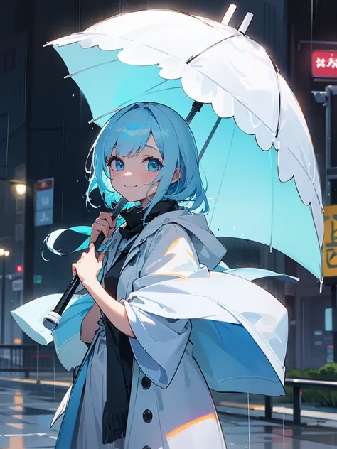 A girl,Light blue hair,Light blue eyes,solo,Smile a little,Using an umbrella,Heavy rain,In the city