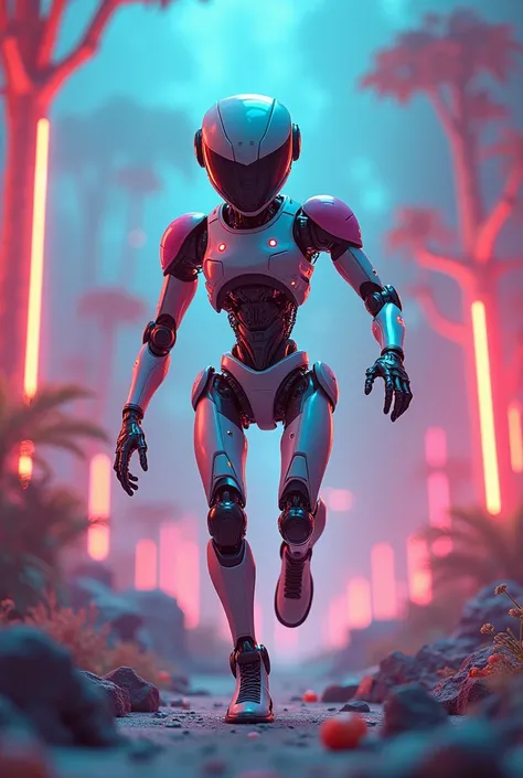 a cute robot, 1 robot,detailed mechanical parts, colorful and vibrant, surreal landscape, glowing neon lights, dynamic pose, cinematic lighting, highly detailed, digital art, concept art, 8k, hyper realistic, photorealistic