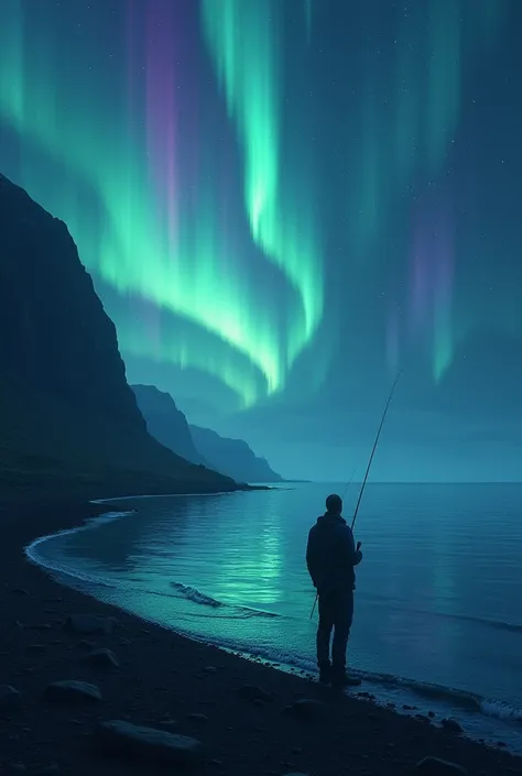 Night view of the sea with northern lights and a man fishing.