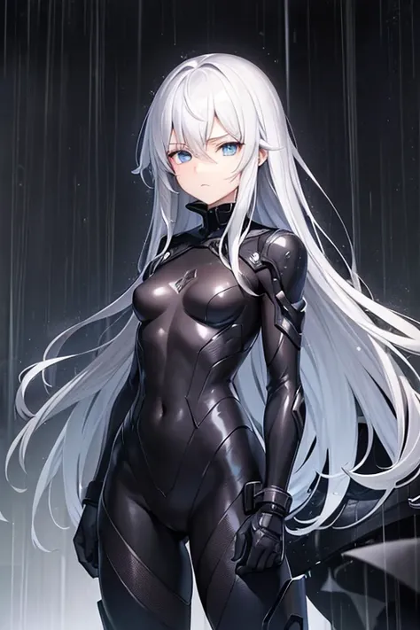 One person, High resolution, Anatomically correct, Textured skin, Long Hair,Silver Hair, blue eyes, gloomy,unrest,Sad face, in the rain,（（（Character profile）））, Black rider suit,Remove the hood, Has a bandage on his face, 