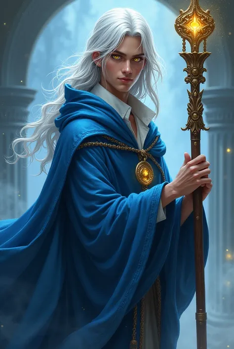 Male wizard in blue robe holding staff, LONG white hair, yellow  eyes, age 20 years