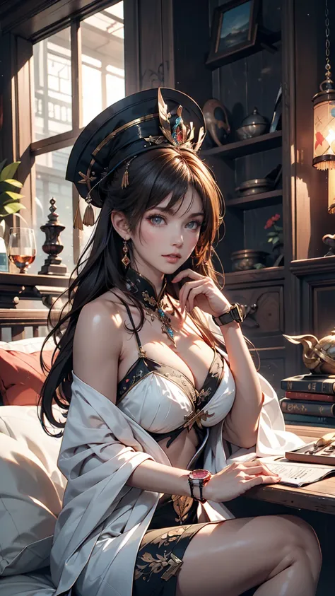 There is a woman sitting on the beach holding a watch, Queen of the Sea Mu Yanling, Beautiful digital art, Highly detailed digital art in 4K, Beautiful Fantasy Empress, 8K high quality, detailed art, Fantasy Beautiful, Jan J, Beautiful gorgeous digital art...