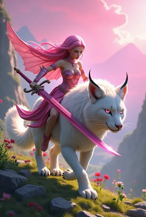 A pink hair edle fairy with a sharp pink sword, riding a white lynx with pink eyes and a sharp nose in a battle field in a valley of its own, with a backdrop of a pink sky with a sharp, defined border. HD, 8K, ultra-realistic, hyper-detailed, hyper-quality...