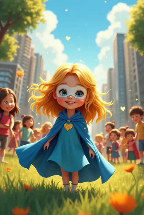 Create a picture of a story for 3 year olds, where a golden-haired superhero girl is seen in an urban field, blue cape with golden hearts and white heart mask with happy children and adults with big rainbow