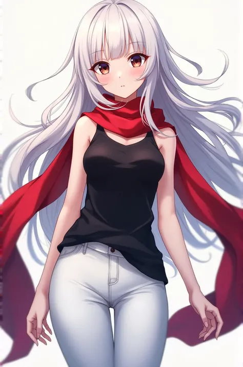 Big eyed anime girl with white hair, with black sleeveless shirt on the arms, that they are fully visible, that the bust can be seen a little, that has a red scarf, white pants, and black shoes without laces