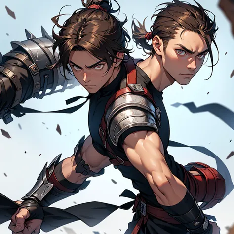 Young-faced man, adult, athletic body, He wore warrior armor, Brown hair, short, messy and tied in a short ponytail, big silver eyes, dark complexion, defiant look